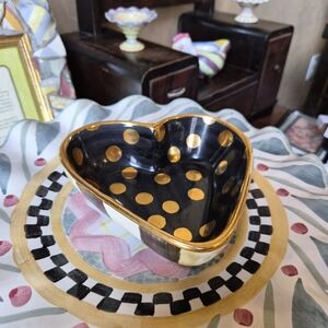 MacKenzie-Childs Heart-Shaped Bowl with Gold and Black Polka Dots